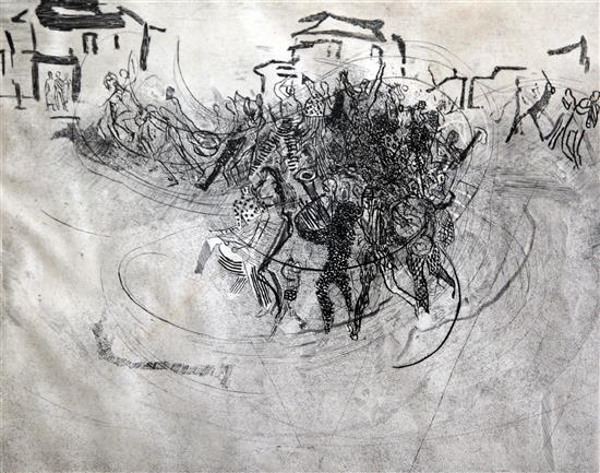 Anthony Gross RA (1905-1984) Band in a French village, 14.5 x 18in.